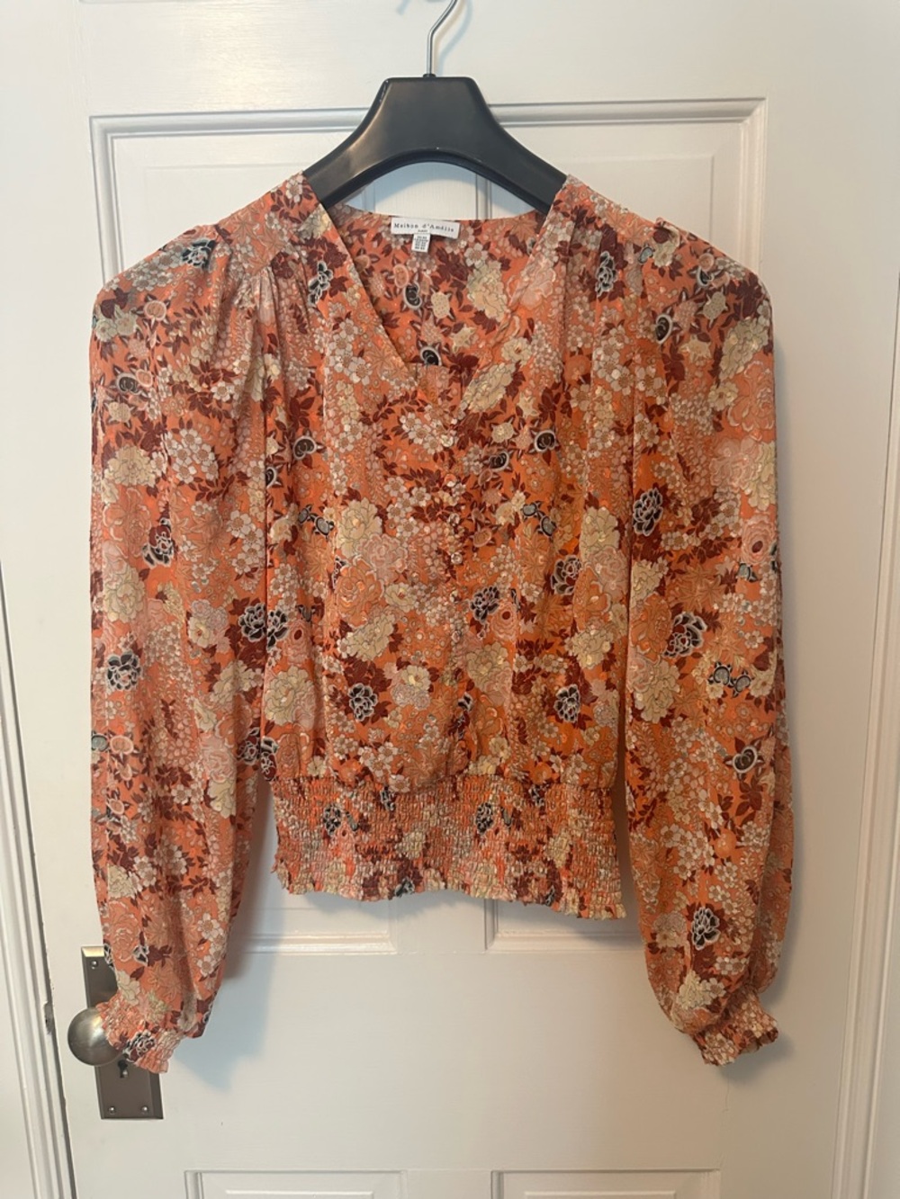 Maison d’Amelie Paris V-Neck Smocked Waist Floral Chiffon Blouse - XS